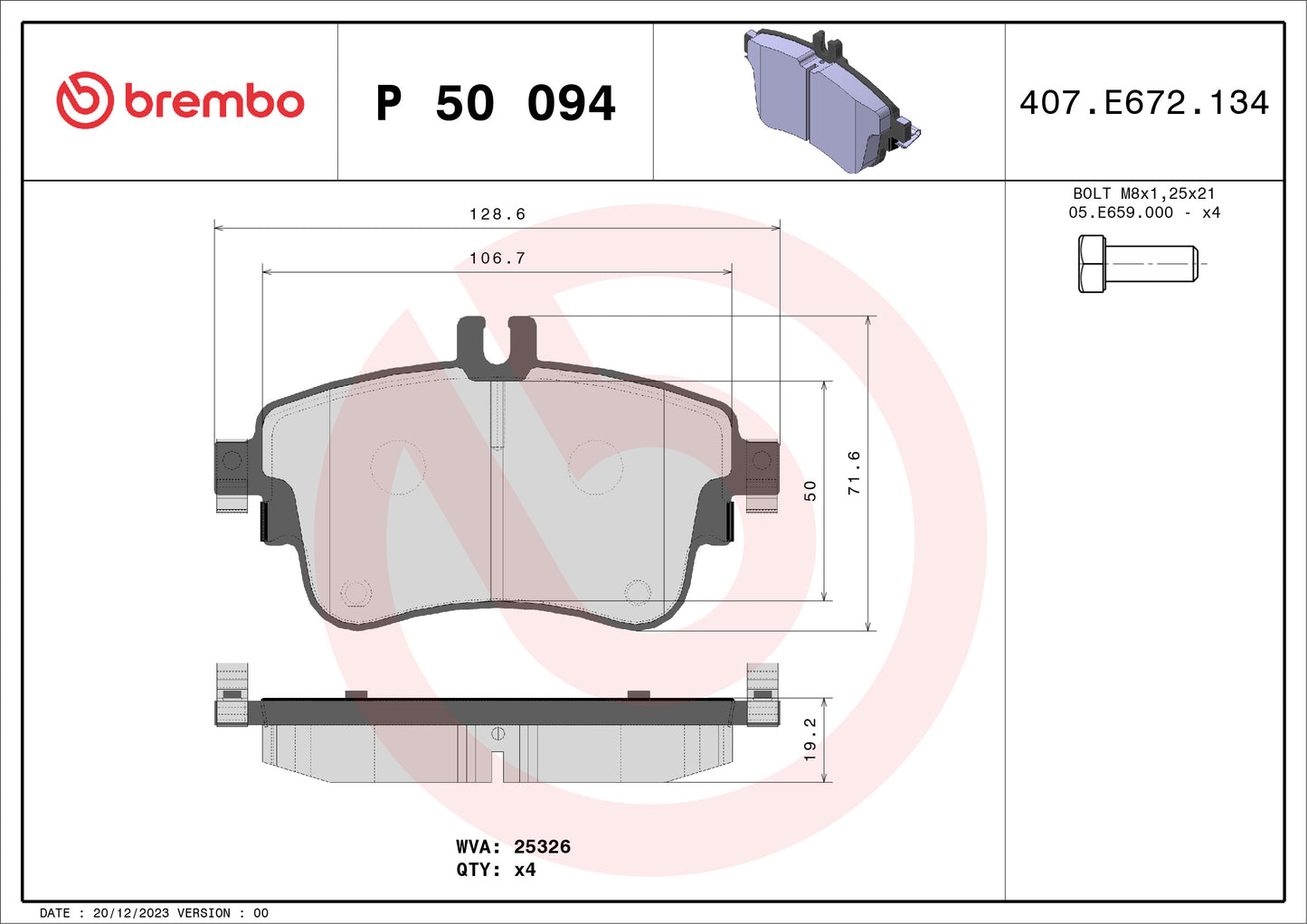BREMBO - P50094 Bremsbelagsatz, Scheibenbremse // H61